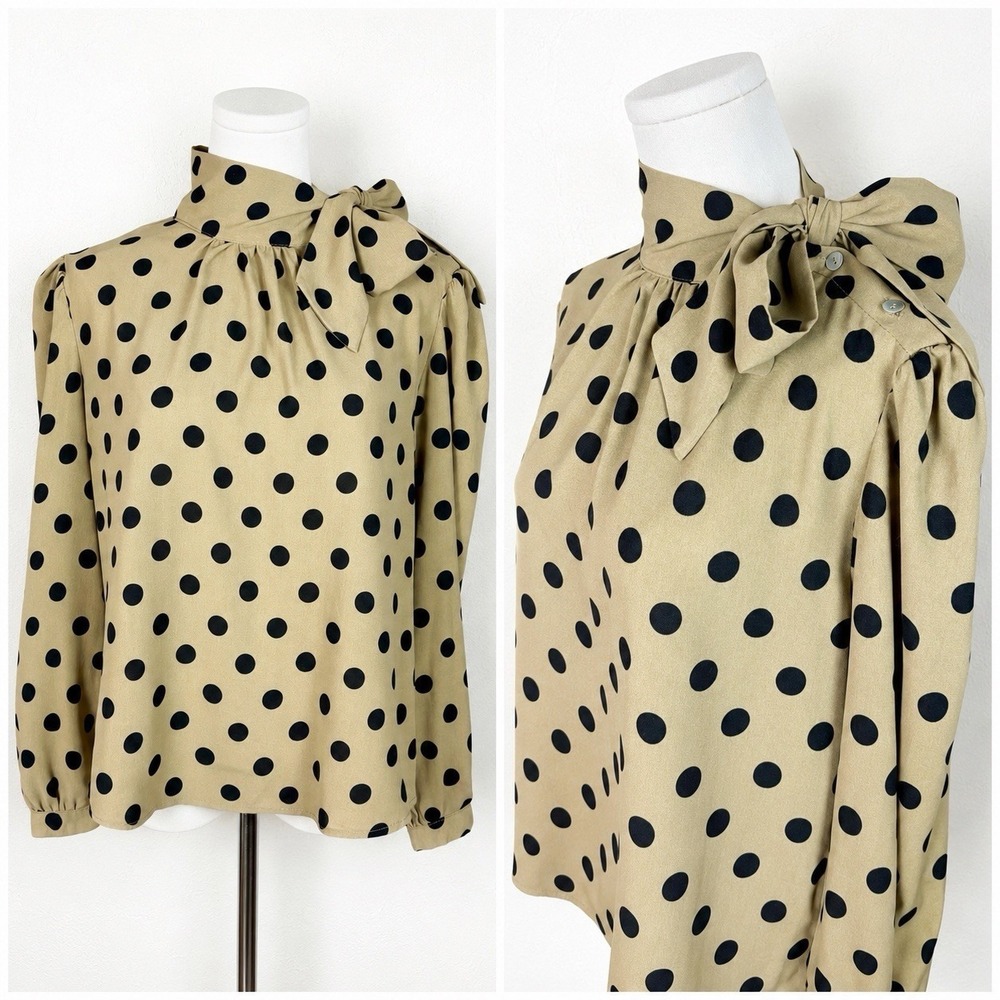 Side Bow Polkadot Blouse Tan Black Secretary Office Size Large Vintage Look
